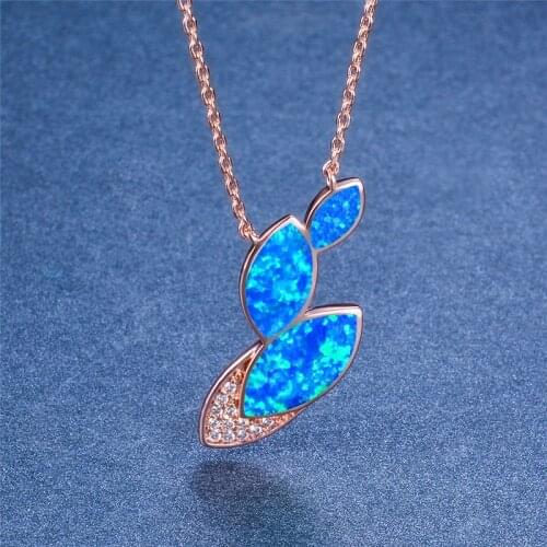 Creative Leaf White Blue Opal Pendant Necklaces For Women Wedding Jewelry Vintage Fashion Luxury Rose Gold Link Chain Necklace