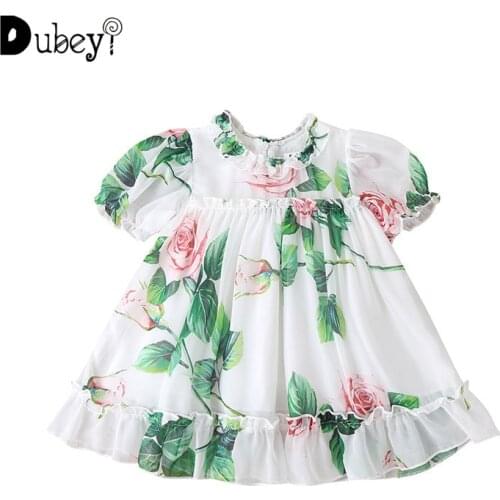 Brand Rose Flwer Print Dress Girl Floral Baby Dress Toddler Girl Dresses Summer Dresses for Girls Chiffon Girls Dress