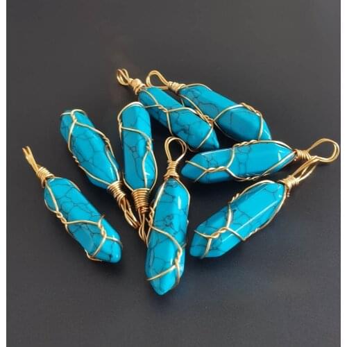 Fashion turquoise stone pillar shape point handmade iron wire pendants Wholesale 20pcs/lot for jewelry making free shipping