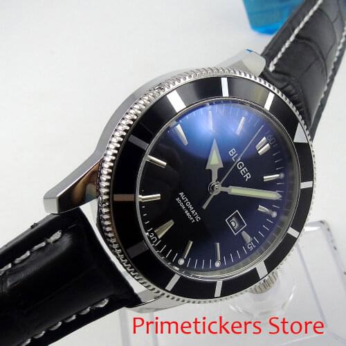 Silver plated case 46mm black dial black rotating bezel date leather automatic movement mens watch 96