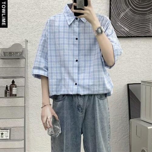 Summer Cotton Plaid Shirt Mens Fashion Japanese Retro Casual Shirts Man Streetwear Korean Loose Shorts Sleeve Shirts