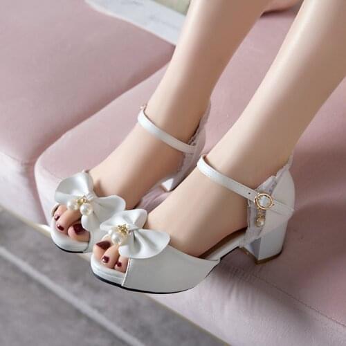 YQBTDL Summer Peep Toe Cute Sweet Bowtie Lace High Heels Sandals Women Lolita Platform Wedding Party Block Heel Shoes Woman 2020