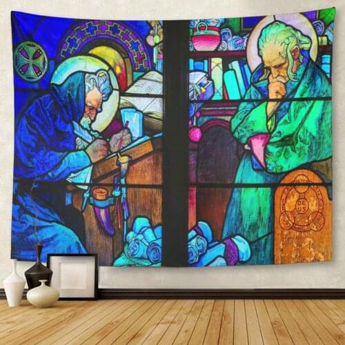Prague Czech Republic April 2 Stained Glass Window in St Vitus Cathedral Designed by Alphonse Mucha Tapestry Wall Hanging