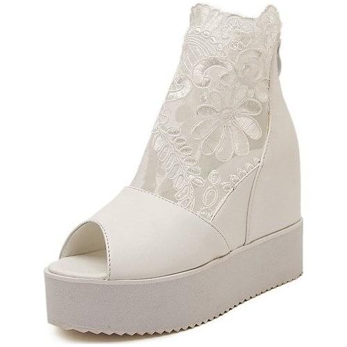Fujin women boots summer open toe wedge heel punk high quality leather lace ankle boots sandals shoes platform chunky sneakers