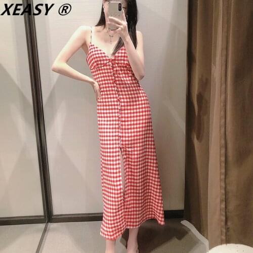 XEASY Za 2021 Red Plaid Strappy Long Dress Women V Neck Backless Slip Sexy Woman Dresses Thin Straps Front Slit Summer Dress