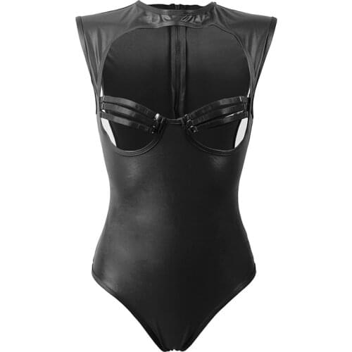 Body Underwear Women Leather Open Bra Lingerie Body Erotic O Neck Sleeveless Solid Black Red Teddy Bodysuit M XL 3XL 5XL R80618