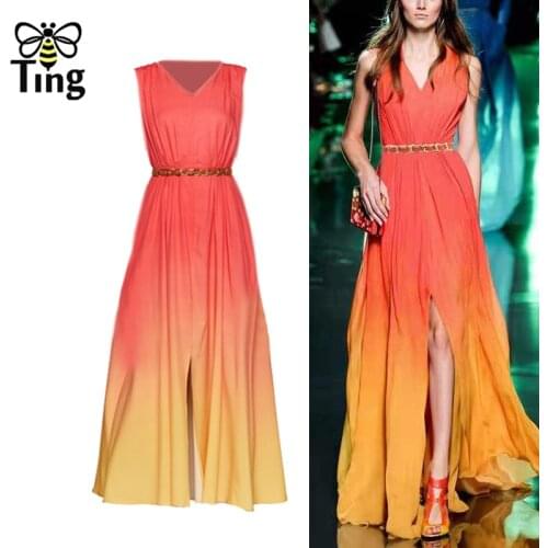 Tingfly Runway Fashion Showny Gradient Color Midi Long A Line Party Dinner Dresses Summer Chic Casual Split Dress Elbise Traf Za