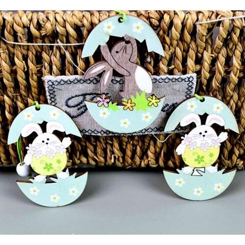 2Pcs Easter Wooden Eggs Pendants Rabbit Chick Wood Chips Crafts Hanging Ornaments For Happy Easter Party Decoraion Supplies Gift
