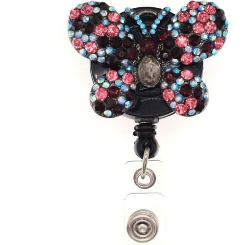 50pcs rhinestone butterfly id card holder retractable badge ree with clip