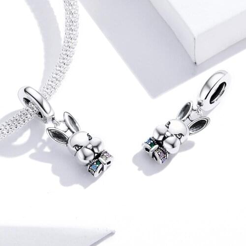 925 Sterling Silver Funny Rabbit Colorful Zircon Bowknot Charm Bangle Pendant Bracelet Diy Jewelry Accessories Gift For Kids