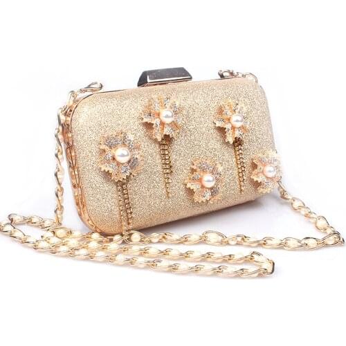 Diamonds two color fashion pearl chain appliques evening bag women bag rhinestone lady wedding purse day clutch bolsa feminina