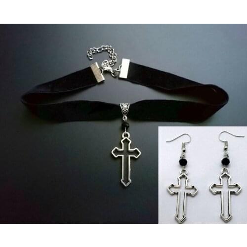 Gothic Cross Choker, Black Velvet Choker with Cross Necklace Jewelry, Gothic Witch Wiccan, Gift Earring Necklace Set