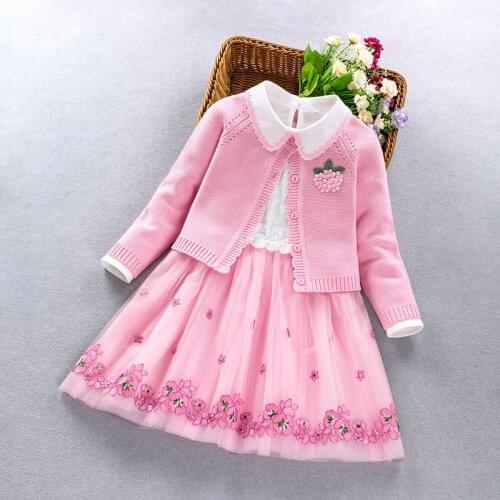 Childrens suit 2021 autumn new girls cotton sweater Flowers long-sleeved dress two-piece princess dress for children