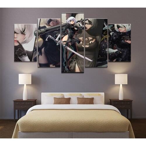 Home Decor Poster HD Pictures Prints Canvas 5 Piece Modular NieR Automata 2B GAME Living Room Art Decorative Painting Framed