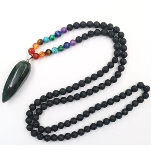 FYJS Unique Silver Plated Water Drop Section Indian Agates Pendant Handmade Beads Chain Necklace Black Lava Stone Jewelry