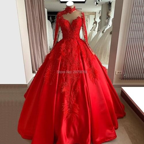 Illusion Arabic High Neck Red Sweetheart Wedding Dress Ball Gown Applique Beaded Floor-Length For Islamic Bridal Gowns Dubai