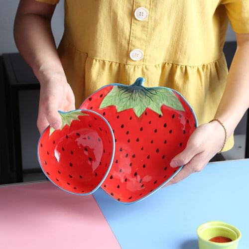 Ins wind lovely strawberry bowl plate creative ceramic home dish children tableware set breakfast fruit salad bowl