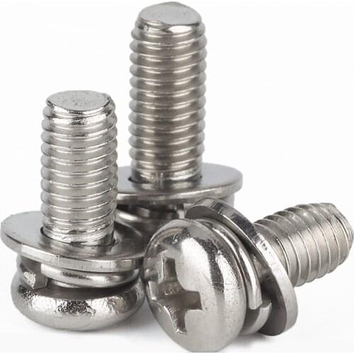 Three Combination Screw Cross Phillips Pan Round Head Machine Bolt Three sem screws with washer 304 Stainless Steel M4 M5 M6
