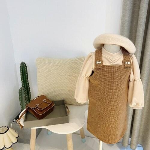 Toddler Girls Dress Set Autumn Korean Style Plaid Strap Dress Solid Tshirt 2pcs for Baby Girl Kids Retro Fashion Clothes Set New