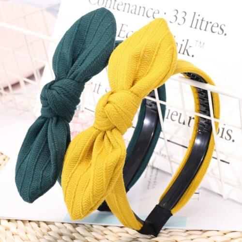 Korean Simple High-Grade Pure Color Knitted Stripe Rabbit Ear Bow Wide Side Band Tooth Slip Headband
