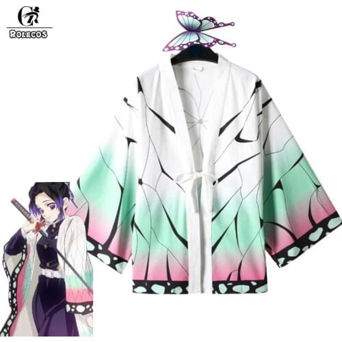 ROLECOS Anime Demon Slayer Cosplay Costume Kochou Shinobu Kimono Kimetsu no Yaiba Cosplay Costume Women Men Coat Cloak Headwear
