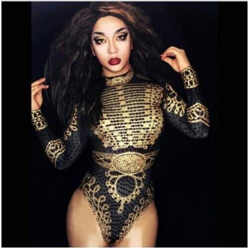 Fashion Sexy Glisten Black Gold Crystals Bodysuit Womens Long Sleeves Outfit Dance Stage Show Nightclub Costume