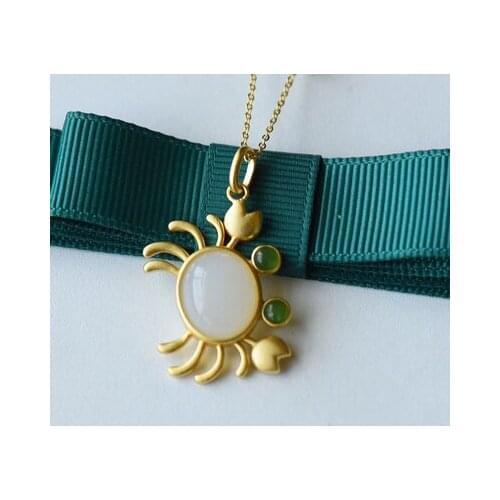 Natural and tianbai jade fashion Jasper small Crab Pendant Necklace with pure silver inlay + 14K Gold Chain
