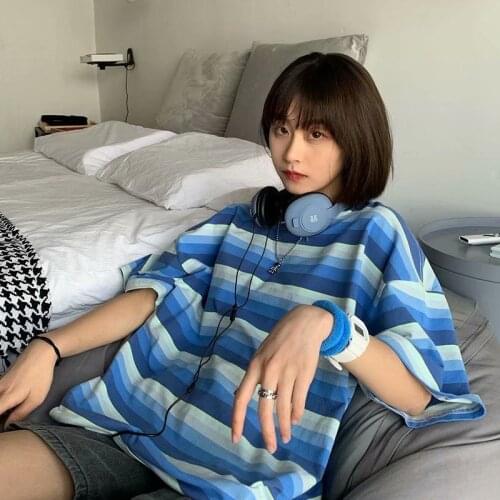 2021 Summer New Blue And White Striped Short-sleeved T-shirt For Men And Women Korean Fashion Loose Casual Hip Pop Street Wear