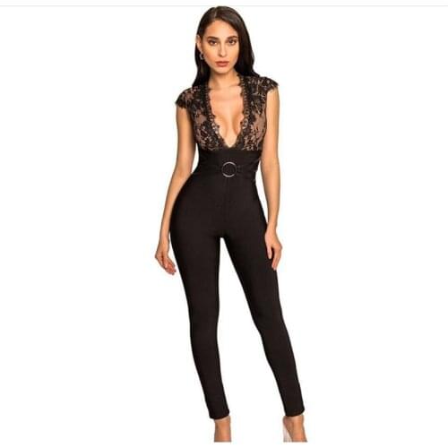 New Black Bandage Jumpsuit 2020 Sexy V Neck Lace Top Long Bandage Pants Vintage Vestios Celebrity Party Elegant Vestios