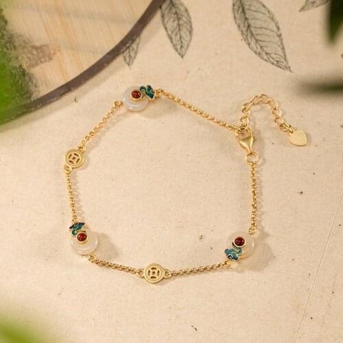 Original S925 Sterling Silver Gold Plated Hetian Jade Cloisonne Auspicious Cloud Peace Buckle Ancient Style Classical Womens Ex