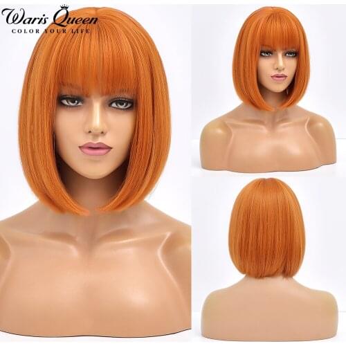Short Bob Wig With Bangs Orange Stright Wigs For Women Natural Lolita Daily Party Cosplay Hair Heat Resistant Synthetic Wigs