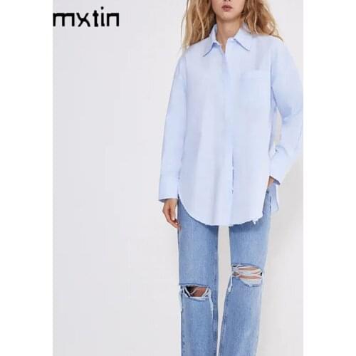 MXTIN 2021 Womens Spring Fashion Oversize Blue Shirt Lapel Collar Long Sleeve Preppy Style Loose Pocket Tops Blusas Mujer