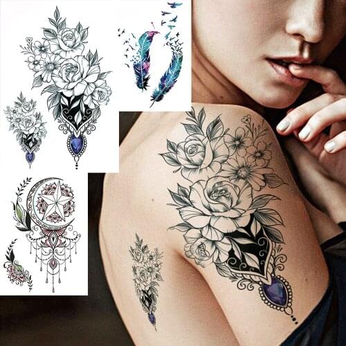 Sexy Fake Jewelry Diamond Flower Temporary Tattoos For Women Feather Bird Dream Catcher Tattoos Sticker Arm Thigh Tatoos Peony