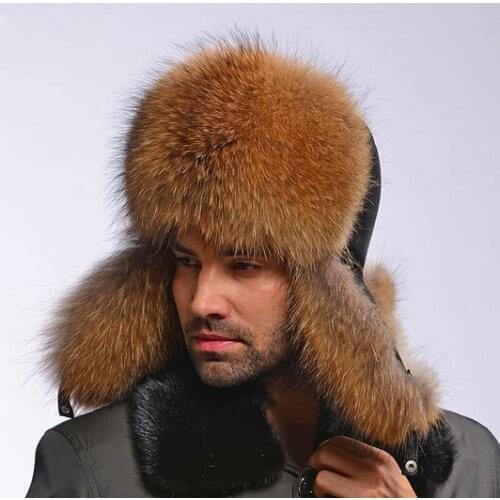 Zero fish Genuine Fox Fur Hats Men Real Raccoon Fur Lei Feng Caps Russian Winter Men Bomber Hats with Genuine Leather Tops