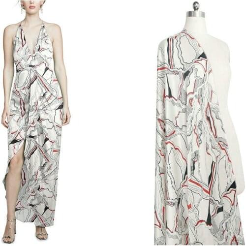 New summer silk stretch satin fabric 19 Momi white background abstract geometric printing fabric high-end brand fashion fabric