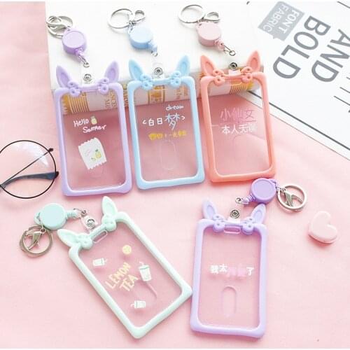 Creative Cute Ears Silicone Transparent Retractable Badge Holder Kawaii Girl Student Elastic Rope ID Card Sleeve Keychain Supply