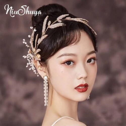 NiuShuya Gold Leaf Tiara Rhinestone Crown Diadema Wedding Headband Pearl Hair Jewelry Handmade Beads Hair Ornament
