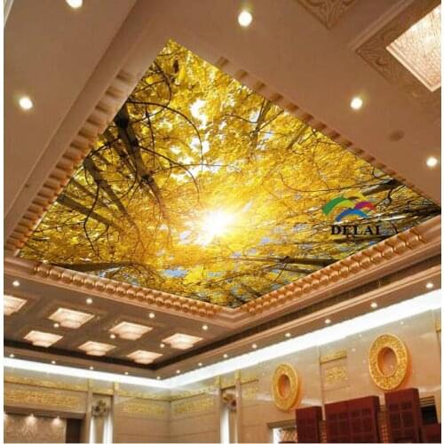 T-1617 autumn tree with yellow leaves pvc stretch film ceiling material with ceiling lamp