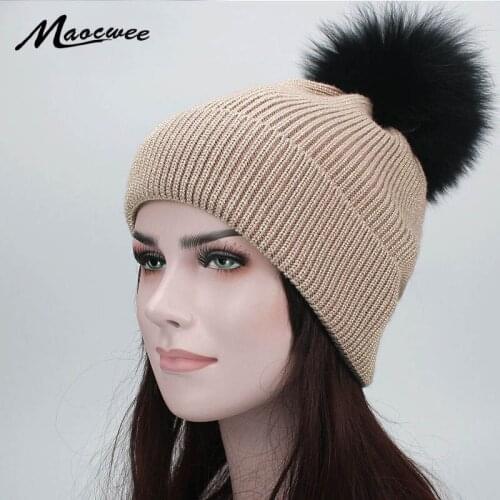 Keep Warm Winter Hat Beanies Real Fox Fur Knitted Hat The Female Of The Golden Silver Silk Caps Pompom Hats for Women Girl 'S