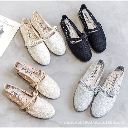 Casual shoes woman summer sweet flower lace hollow out flats mesh brief soft bottom femme zapatos mujer footwear 2019new bowknot