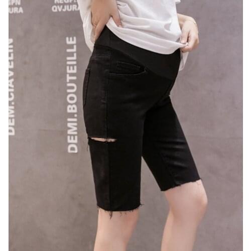 Five-point pants pregnant women skinny stretch leggings wear 2020 new hole pregnant women stomach lift pants summer