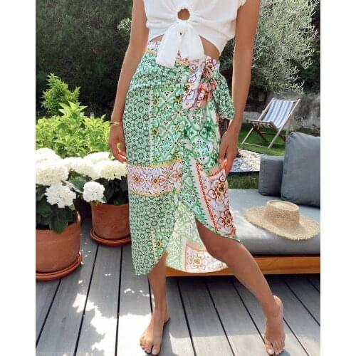 XEASY 2021 New Summer Women Beach Style Vintage Patchwork Print Skirt Female Casual Tie Split Slim Hight Waist Midi Skist