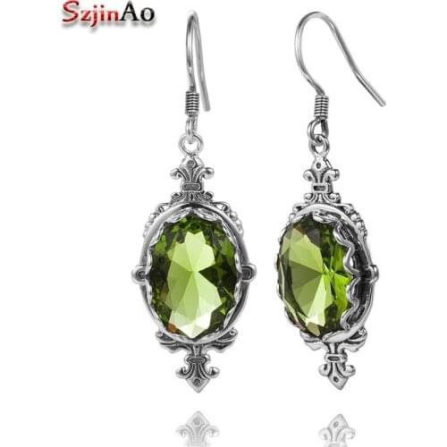 Szjinao Real 100% Sterling Silver Women Earrings Egg Shape Peridot Design Bohemian Wedding Style Silver-925-Jewelry From India