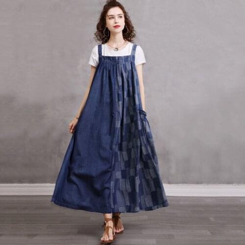 SeeBeautiful Loose A-line Denim Strap Dress Sleeveless Pockets Paid Stitching Contrast Color New Fashion 2021 Summer Women E782