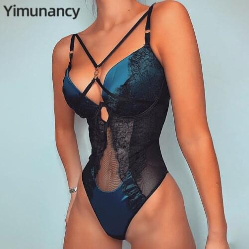 Yimunancy Lace Bodysuit Women Bandage Patchwork Mesh Bodysuit 2020 Summer Ladies Sexy Teddies Bodysuit Summer Overalls