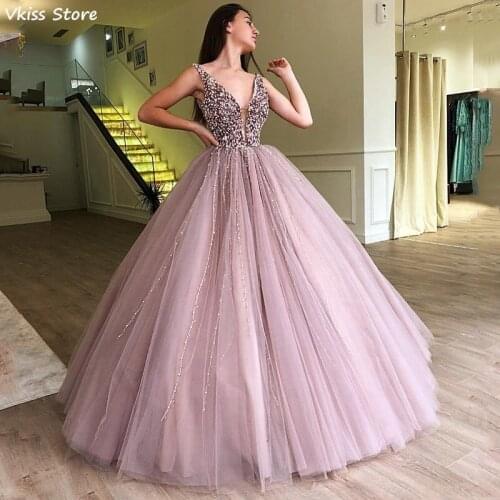 2021 New Tulle Evening Dress Ball Gown Beading Sequin V-neck Sleeveless Floor Length Luxury Prom Dress платья знаменитостей