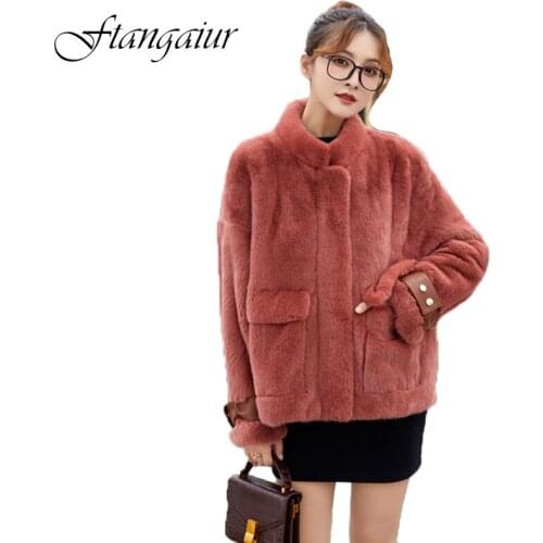 Ftangaiur 2020 Winter Import Velvet Mink Fur Coat Womens Short Slim Soft Mandarin Collar Pure Color Natural Real Mink Fur Coats
