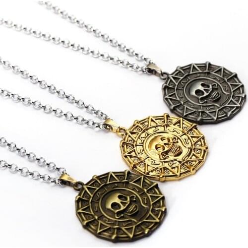 12Pcs 3 Colors Pirates Of The Caribbean Necklace Medallion Jack Sparrow Aztec Coin Vintage Pendant Johnny Depp Trinket Choker