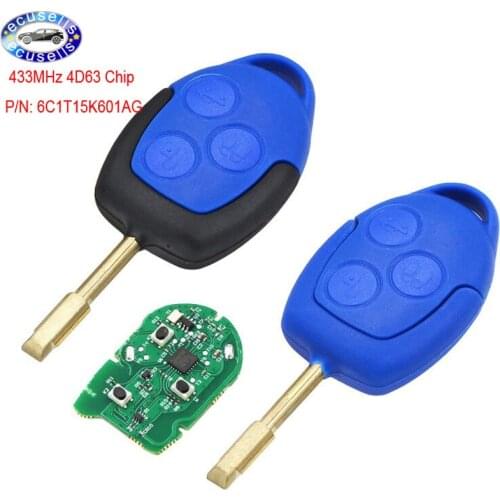 3 Buttons Remote Car Key FOB 433MHz 4D63 Chip For Ford Transit WM VM 2006-2014 P/N: 6C1T15K601AG - Black or Blue Head
