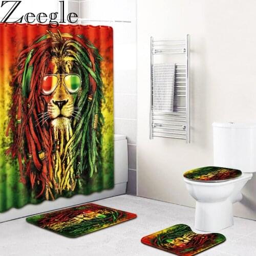 4Pcs 3D Animal Printed Bath Mat Set Non Slip Bathroom Carpet Waterproof Shower Curtain 3D Polyester Bathroom Curtains